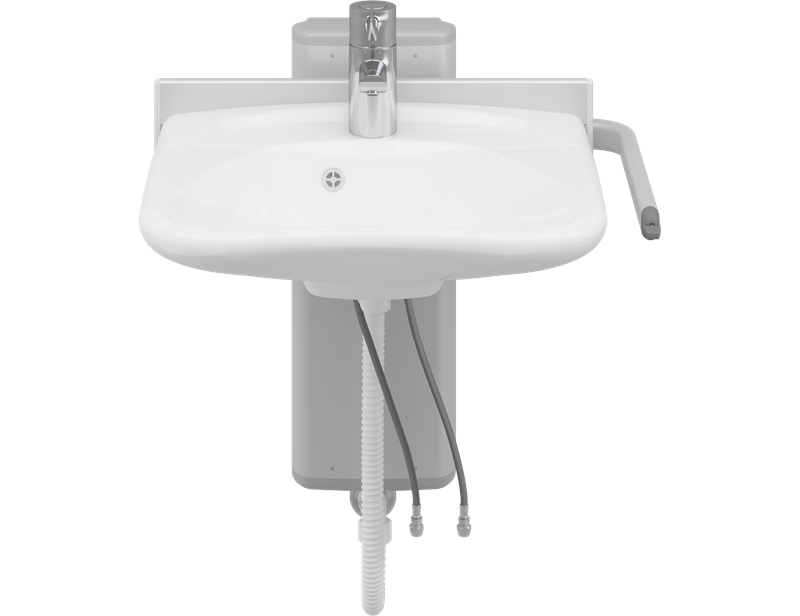 Solution with PLUS wash basin bracket, electrically height adjustable and MATRIX CURVE wash basin
