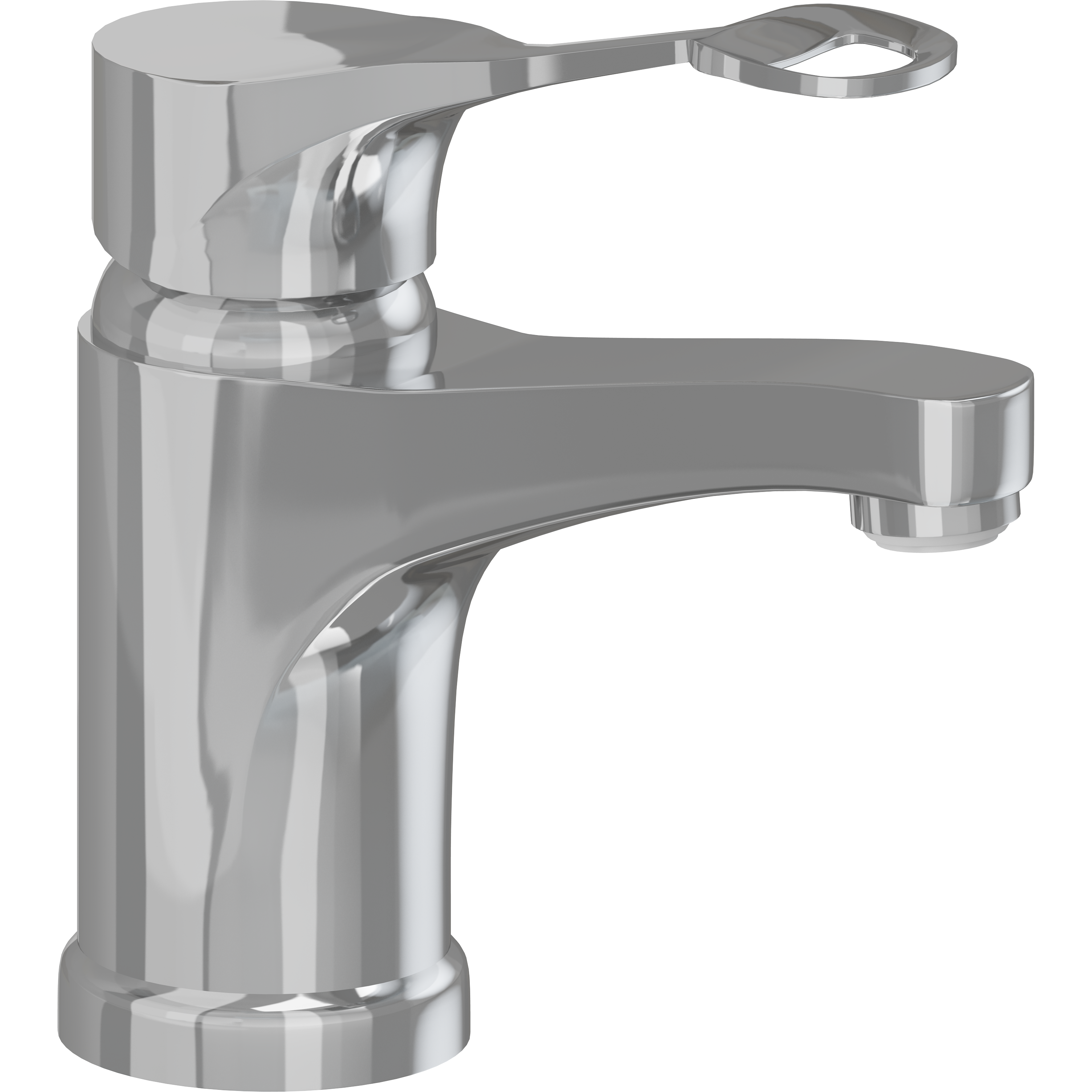Mixer tap with long rotatable spout and ring-shaped operating lever