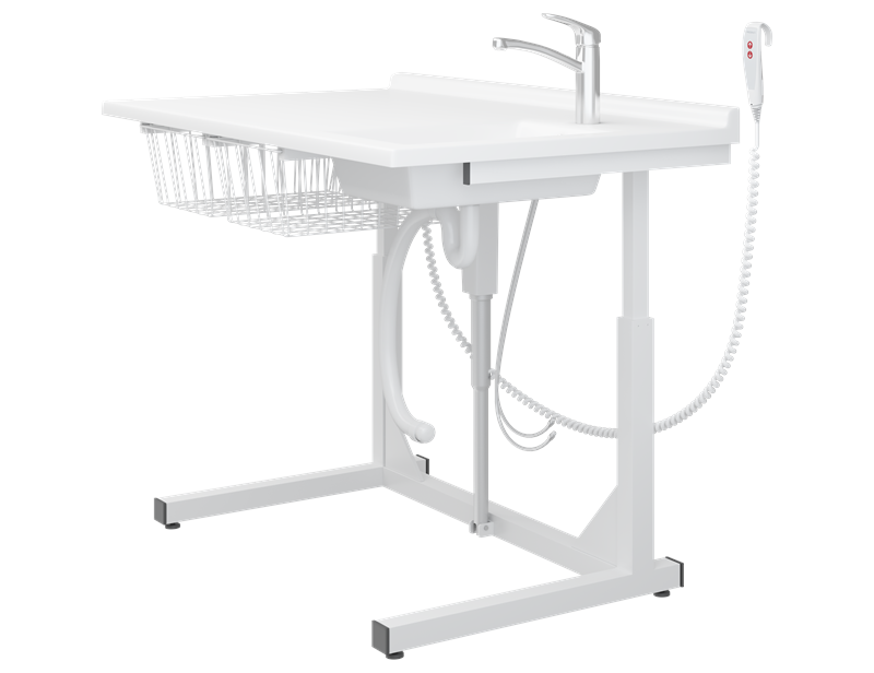 Changing table, 800 x 1400 mm, electrically height adjustable, with sanitary appliances and standard mixer tap