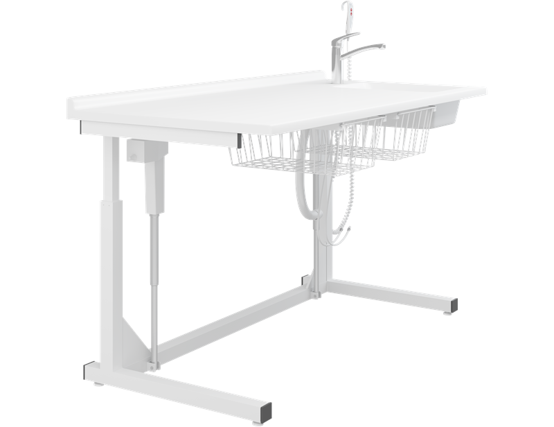 Changing table, 800 x 1800 mm, electrically height adjustable, with sanitary appliances and standard mixer tap
