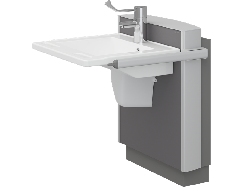 Solution with SELECT wash basin bracket, electrically height adjustable, and MATRIX SMALL wash basin