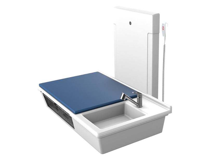 Solution with low start daycare changing table 800 x 1400 mm, electrically height adjustable, with sanitary appliances and mattress