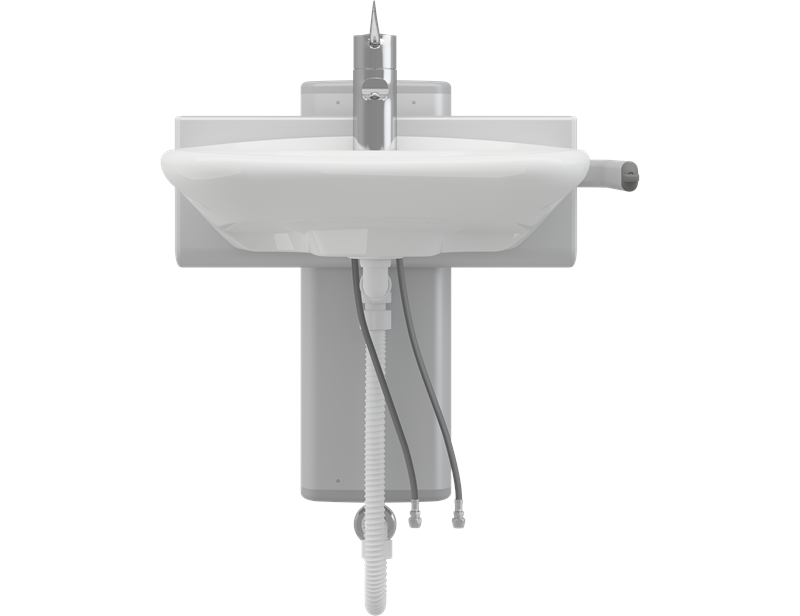 Solution with PLUS wash basin bracket, electrically height adjustable and MATRIX CURVE wash basin