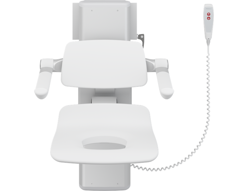 PLUS siège de douche 450 assise évidée, réglable en hauteur électriquement et réglable latéralement manuellement 